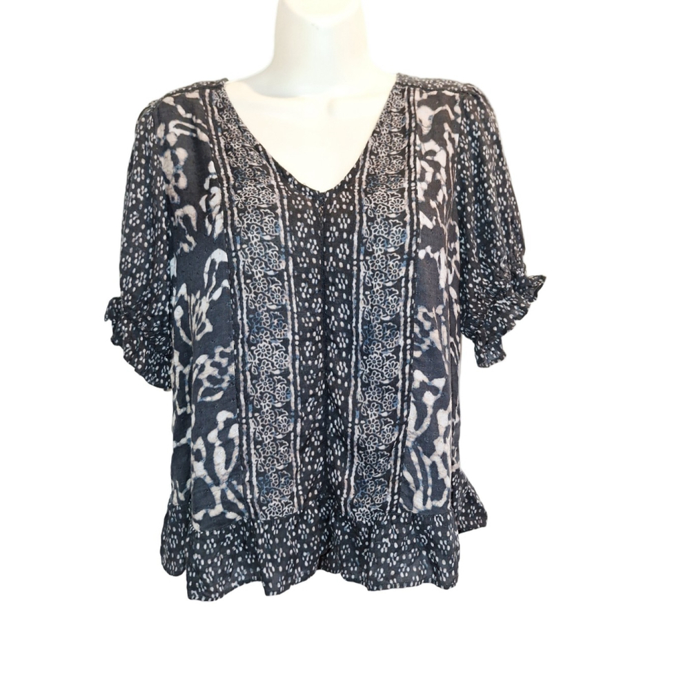Lucky Brand Womens Short Sleeve Top Blouse Blue Multi Floral Small New